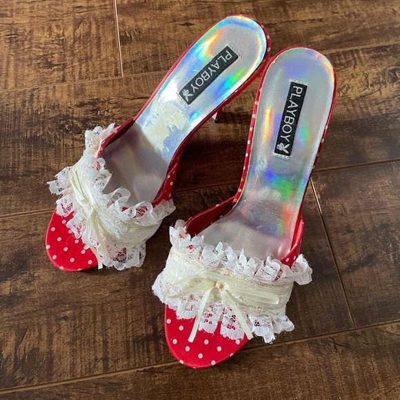 Vintage playboy kitten heels red polka dot lace - Picture 1 of 5